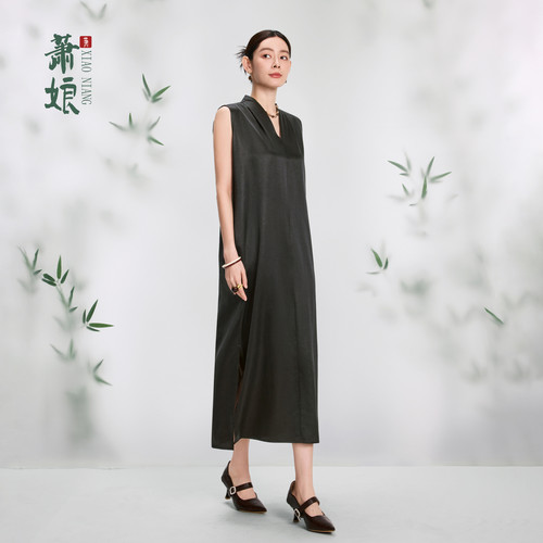 萧娘【兰亭序】小重缎香云纱新中式桑蚕丝女装连衣裙国风XNA1250