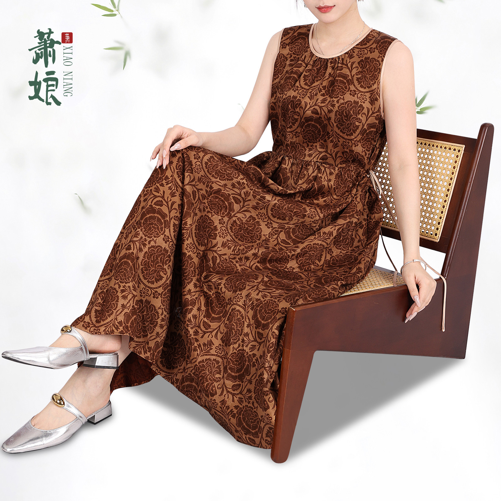 萧娘【花影沉香】桑波缎红云纱印花复古拼接国风宽松连衣裙B0155图片