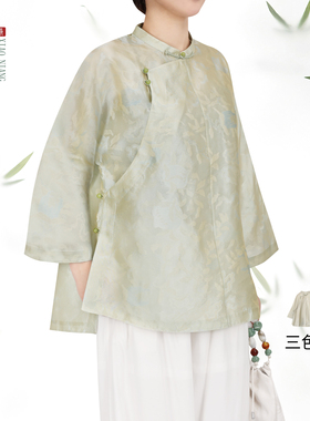 萧娘【目成心许】提花丝光绸长袖上衣桑蚕丝新中式宽松女上衣2787