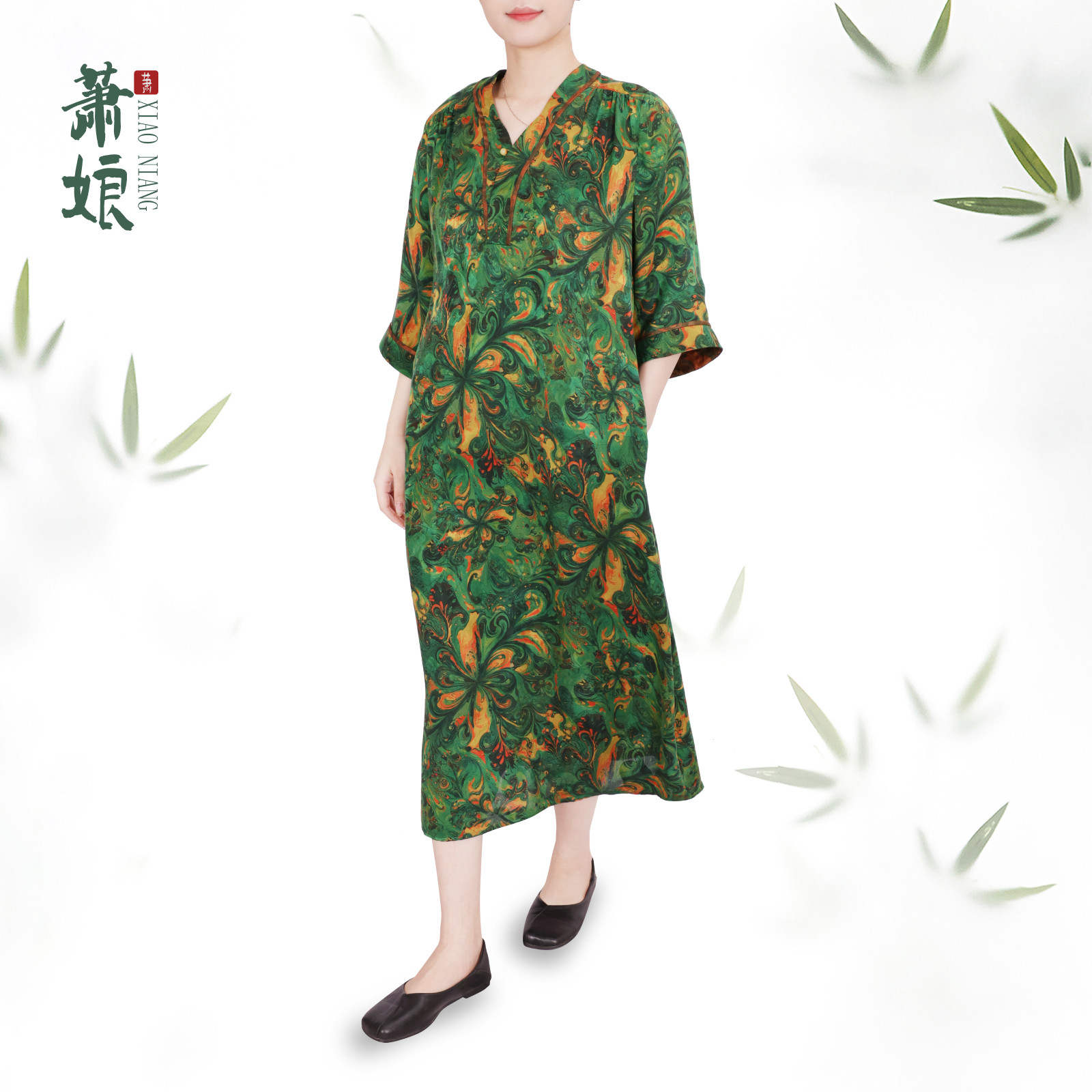 【蝴蝶油画】红纱长袖连衣裙新中式桑蚕丝长裙宽松气质女裙5673