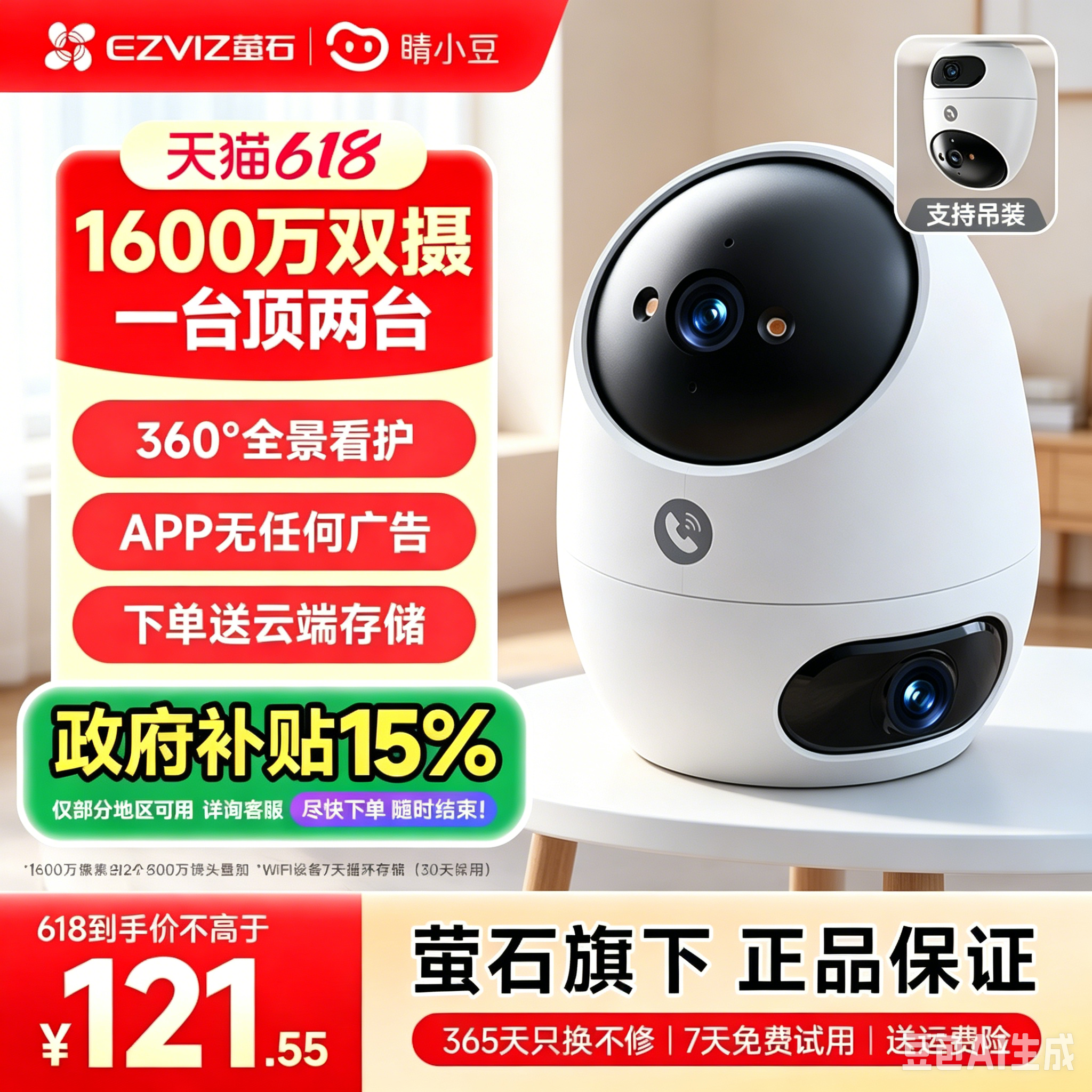 萤石睛小豆无线家用室内摄像头2026新款监控手机远程高清摄像