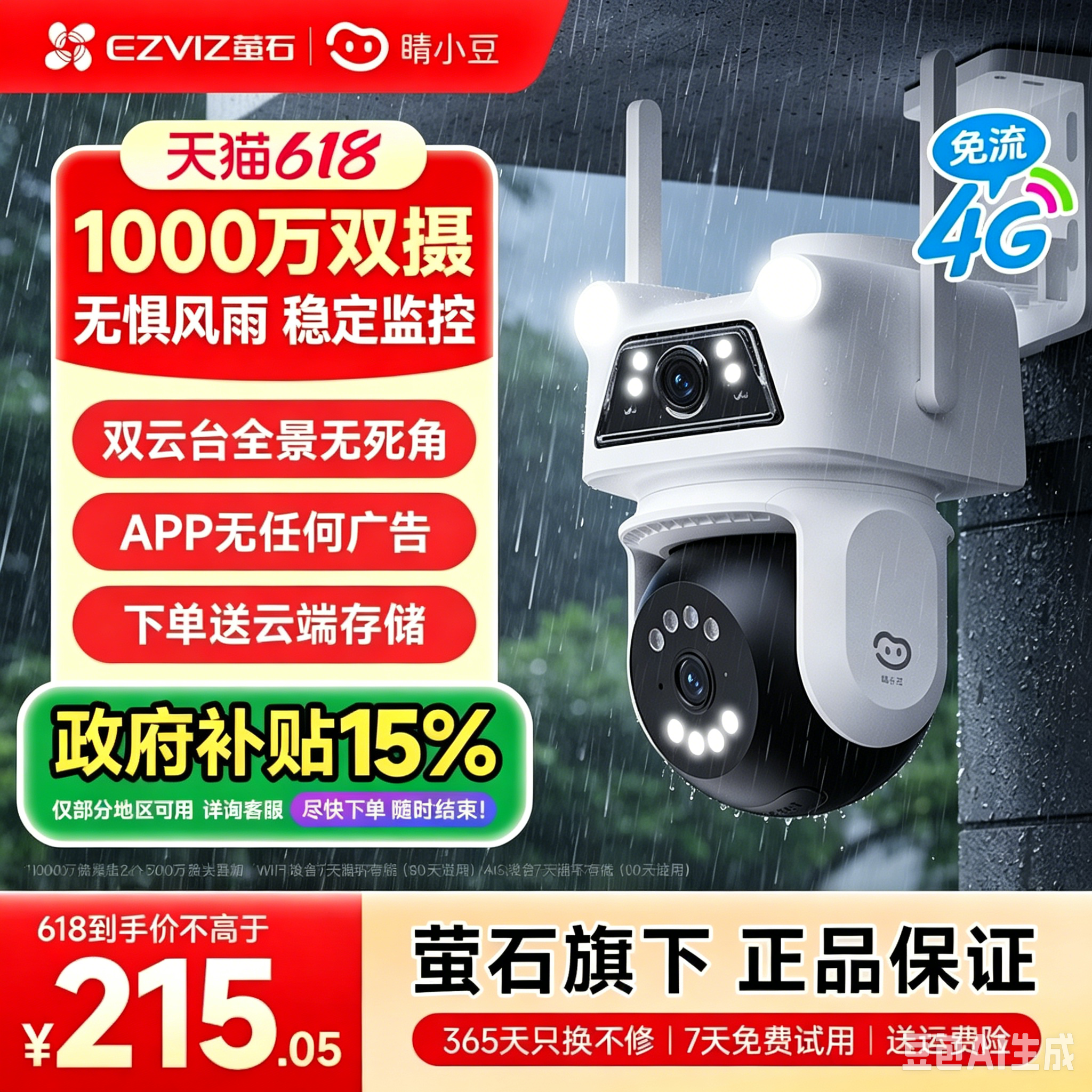 萤石睛小豆室外双摄监控摄像头4G免流量防水360度无死角防水