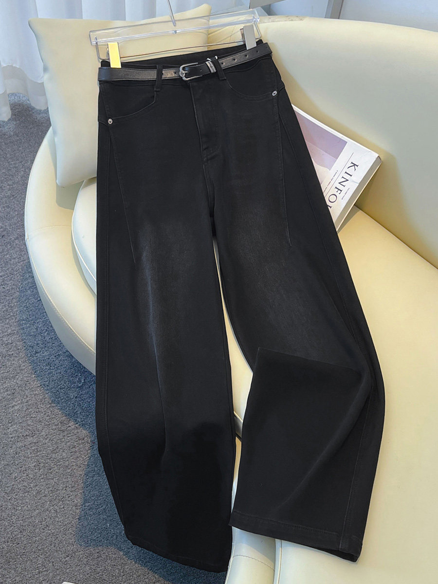 轻奢加绒黑色牛仔阔腿裤女2025秋冬季新款百搭梨形宽松高腰直筒裤