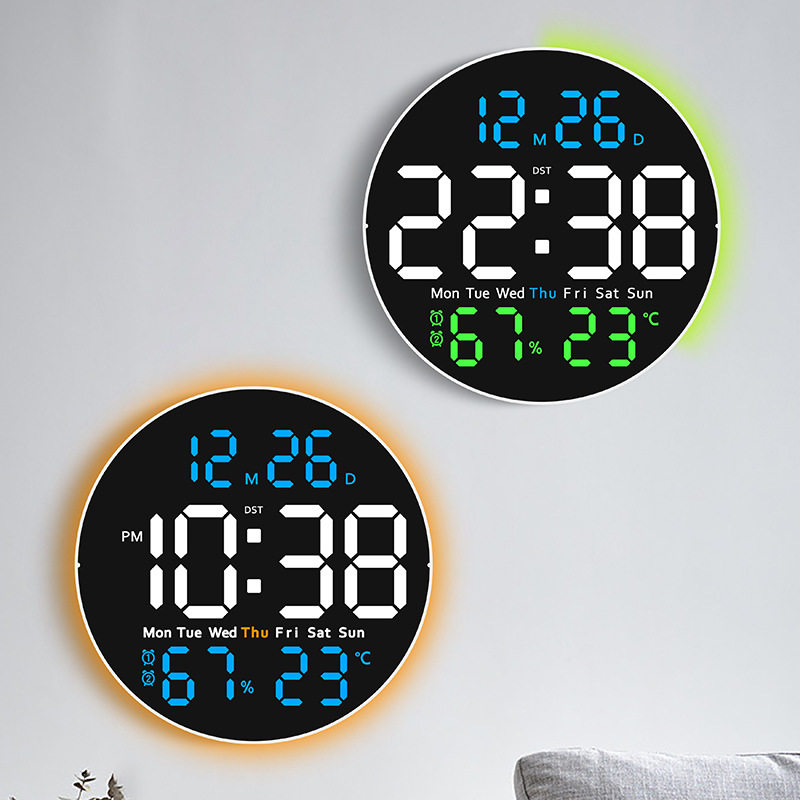 新款客厅挂钟LED带氛围灯电子钟多功能时钟温度湿度静音钟表6672
