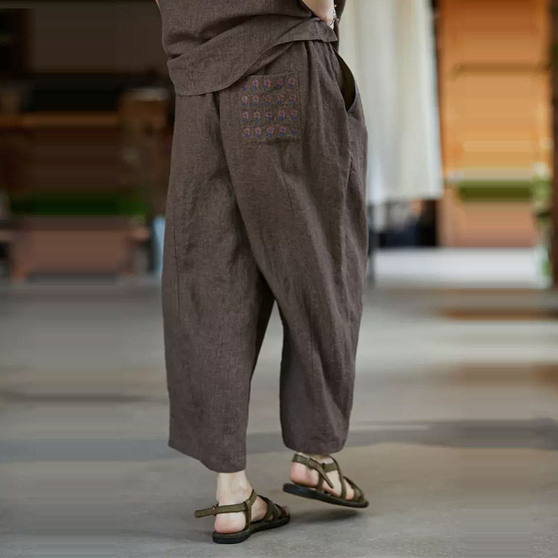 2025夏季新款茶棕色亚麻松紧腰士林染萝卜裤女