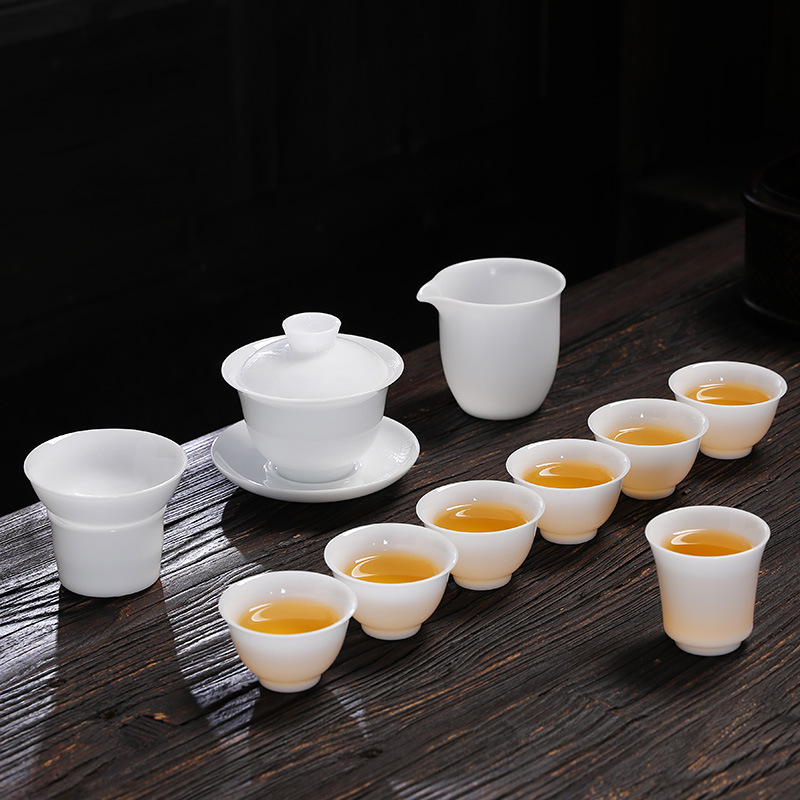 高端羊脂玉白瓷茶具套装家用办公室会客泡茶整套冰种玉盖碗茶杯