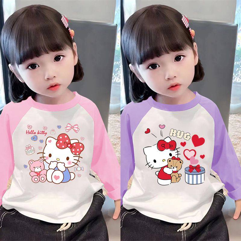 100%纯棉女童插肩长袖T恤2025春秋新款小女孩KT猫上衣卡通打底衫,童装/婴儿装/亲子装,T恤,淘宝优惠券,粉丝福利购,淘宝优惠卷