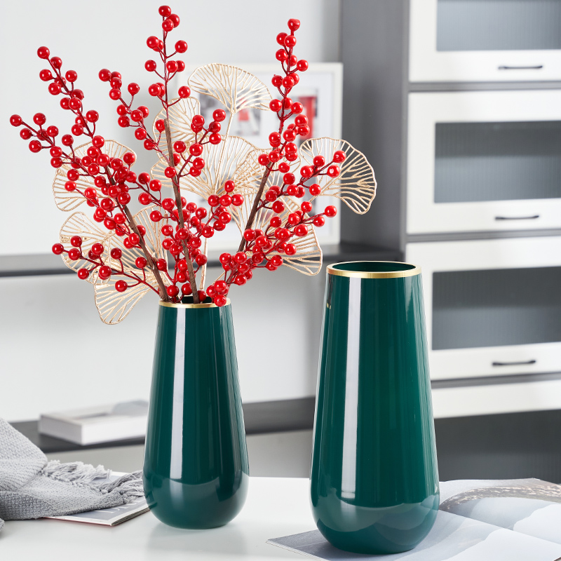 网红玻璃花瓶绿色烤瓷工艺摆件大客厅插I花红果餐桌面花电视柜摆