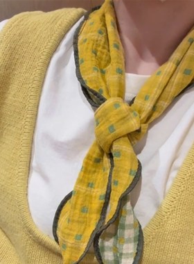 zoozmingi早春草绿黄格纹丝巾女双面三角巾森系棉质领巾系脖子颈