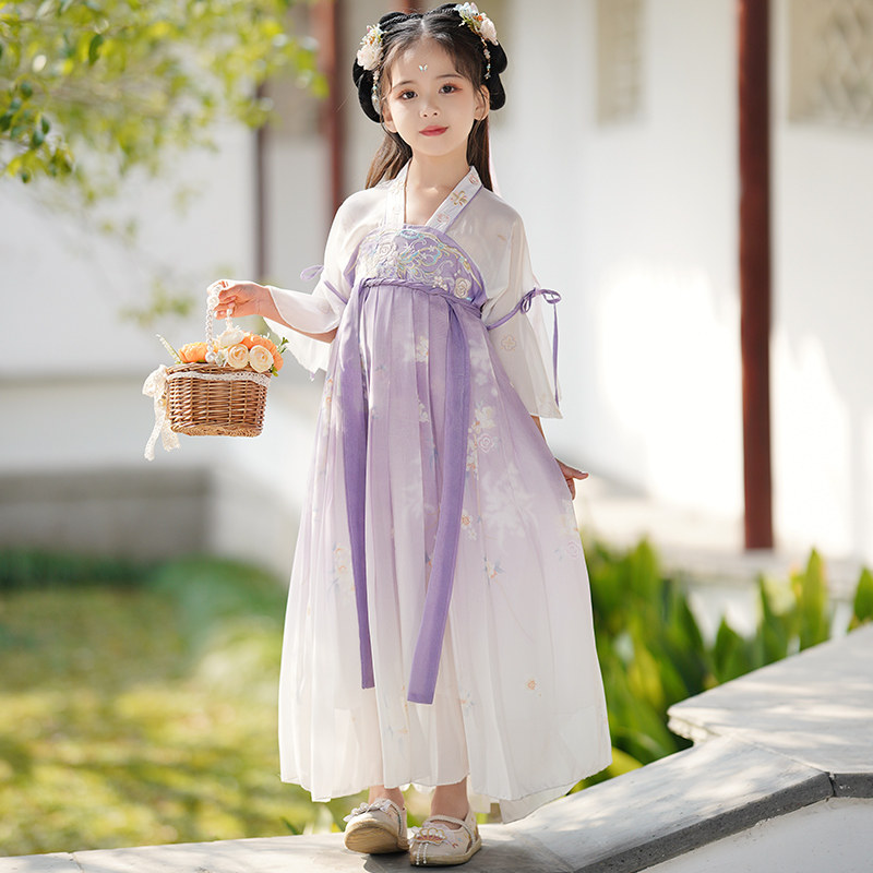 儿童汉服演出服中国风女童古风超仙裙子六L一古典舞表演服装扇子