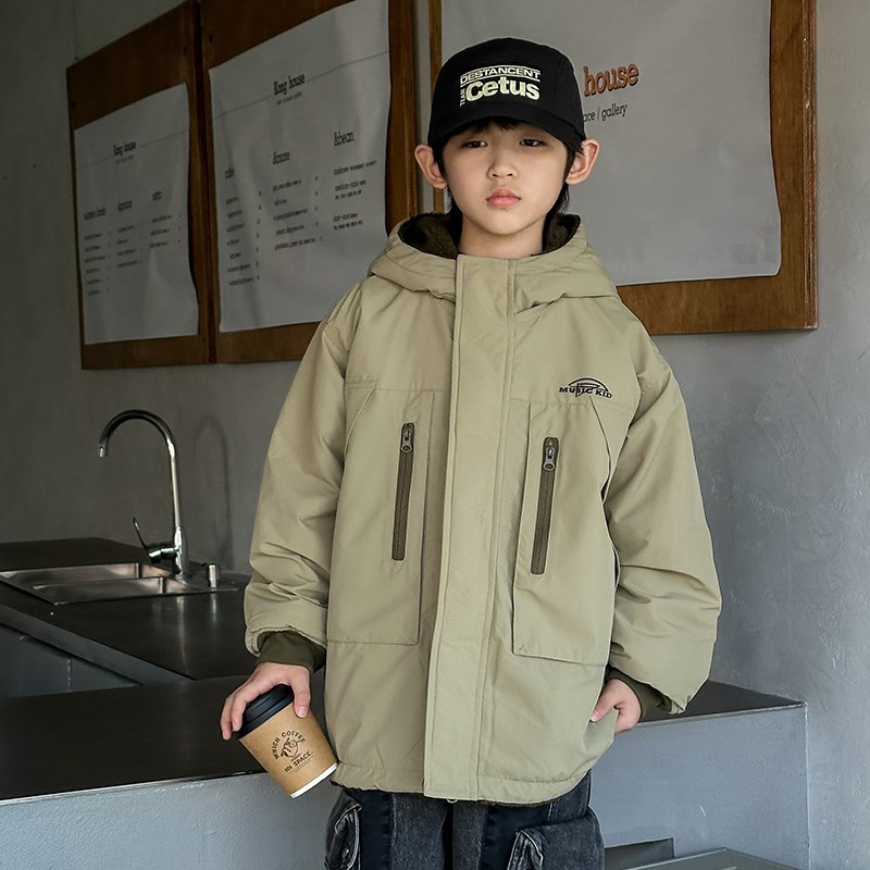 男童加绒工装外套冬装2024新A款中大儿童冬季两面穿棉衣男孩羊羔