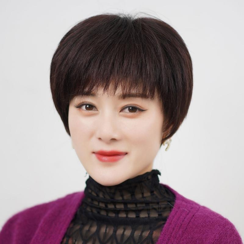 中老年女士假发短发真发夏季薄款全真透气短直P发时尚妈妈款全头