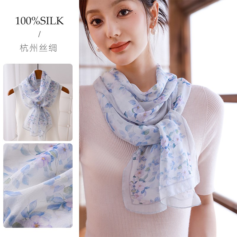 真丝丝巾系脖女百搭春秋女式v小长条围巾薄款纱巾秋冬季护颈巾围