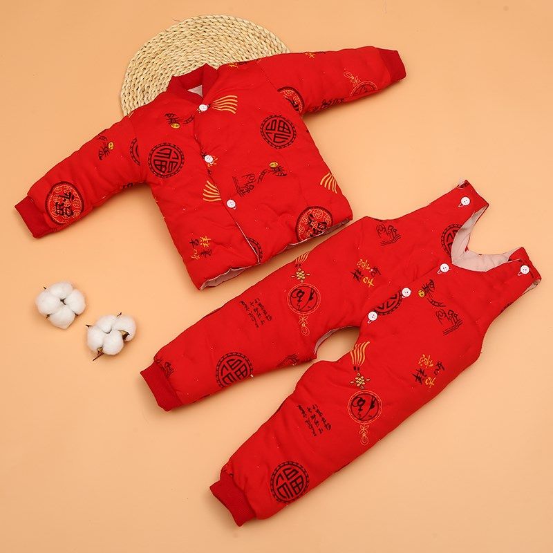 宝宝手工纯棉花棉衣套装婴幼w儿童加厚保暖背带裤两件套冬季外出