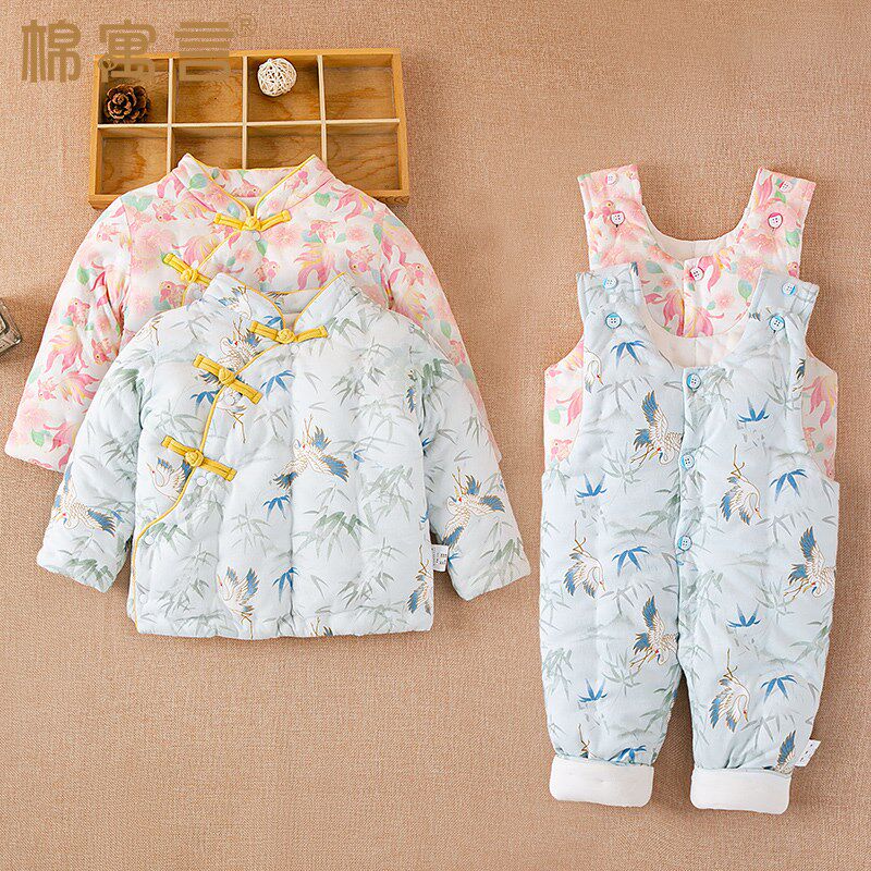 纯手工棉花儿童棉袄棉裤套装秋冬季夹棉宝宝棉衣分体背Z带裤两件