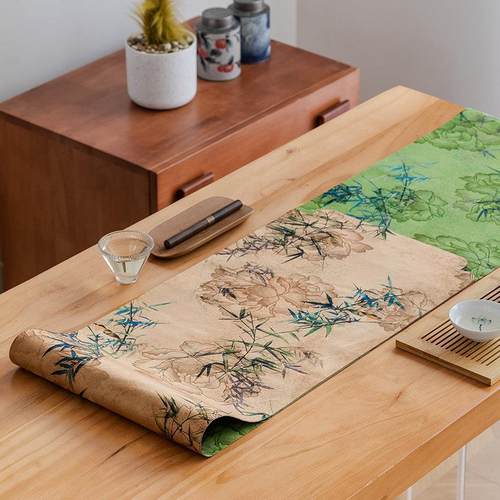 翠竹春绿色锦缎茶席高端新中式简约防水双面主人垫子茶布桌旗茶旗
