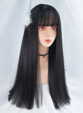 正品发女长假发一刀切套漫j画刘海黑色长直网红齐刘海自然甜美k全