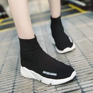 轻便软底全黑秋力色高34码 正品 弹袜子鞋 腰女春新款 纯黑高帮运动鞋