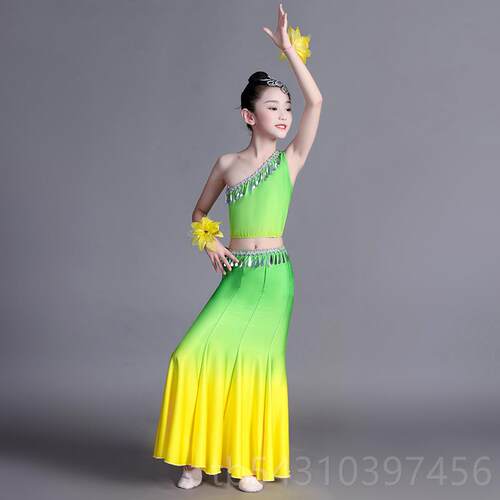 正品儿童族舞演出服女童孔雀舞包臀鱼尾考裙少傣儿民族艺练蹈功半