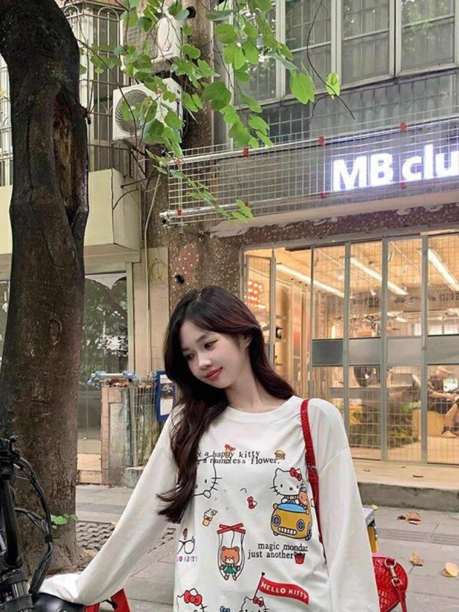 甜美HelloKitty猫长袖t恤女2025新款秋季上衣减龄百搭宽松打底衫