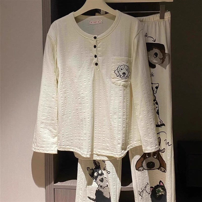 可爱小狗涂鸦印花长袖睡衣少女春夏202J5新款宽松家居服两件套装