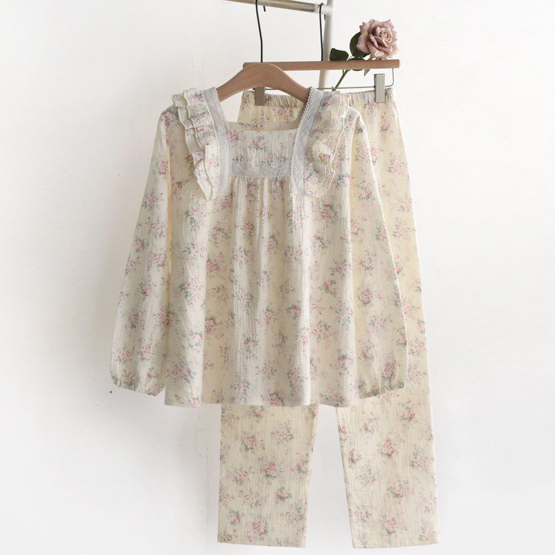 甜美蕾丝花边睡衣女士春秋夏季纯棉纱布J薄款长袖套头家居服套装