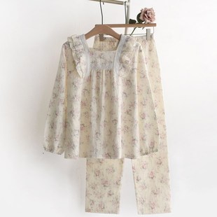 甜美蕾丝花边睡衣女士春秋夏季纯棉纱布J薄款长袖套头家居服套装