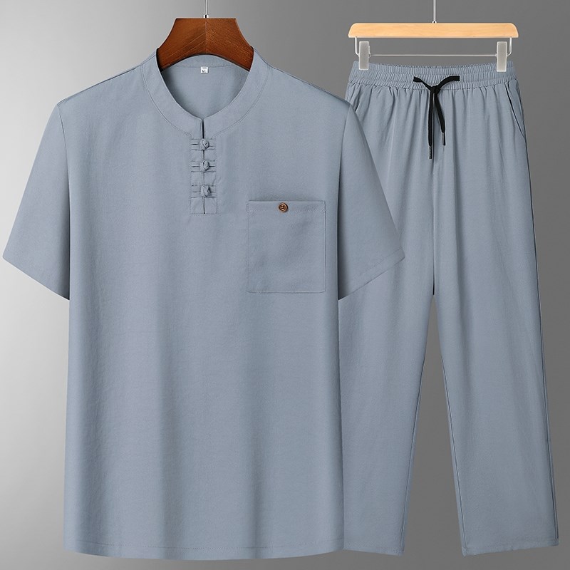 中老年人唐装男短袖套装夏季爷爷B短袖T恤中国风爸爸夏装老人衣服