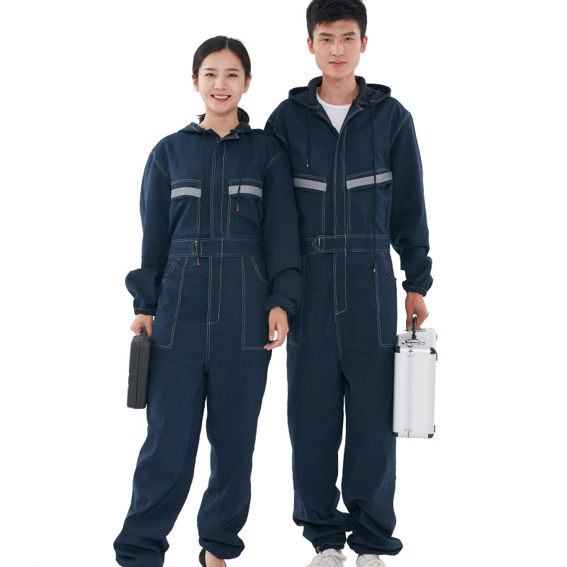 纯棉带帽连体工作l服男女连体衣反光条喷漆大码机修劳保防尘一体