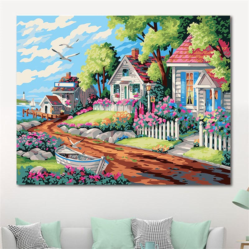 diy数字油画海边风景建筑客厅挂画装饰画海边别墅 40*50Y*65*75图片