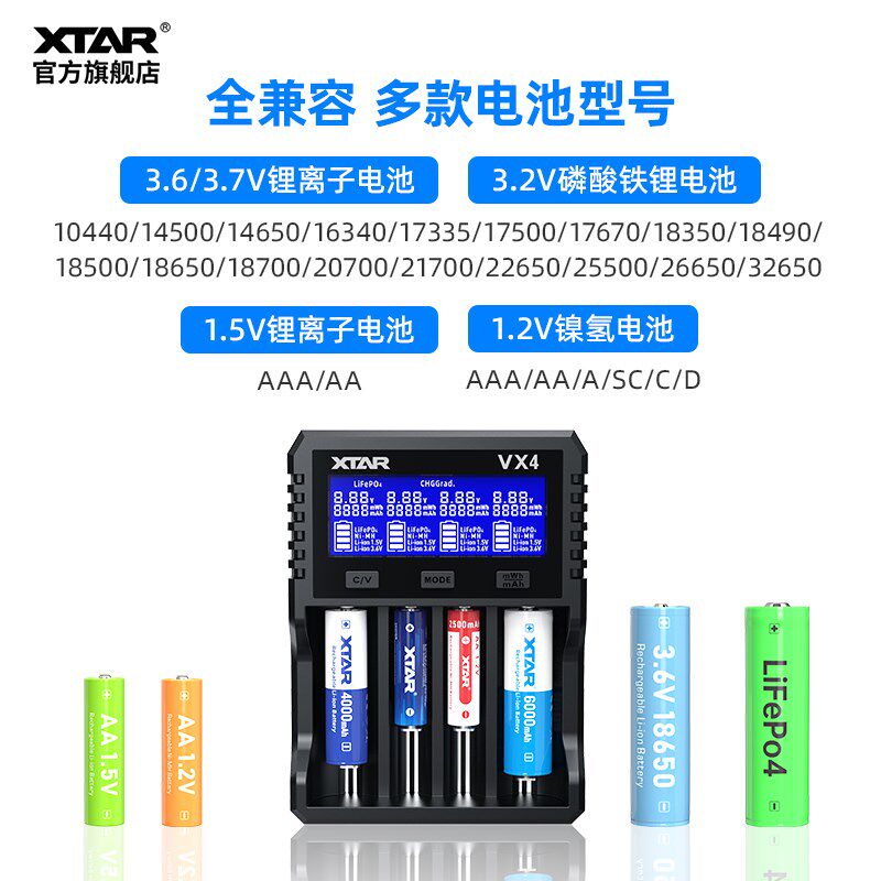 XTAR VX4 1j8650锂电池充电器1.2V5号7号镍氢电池3.2V铁锂1.5V通