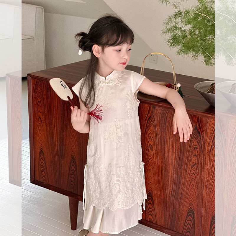 儿童仙气汉服裙夏女童假两件中式国风天丝绣花旗袍连衣W裙25E019