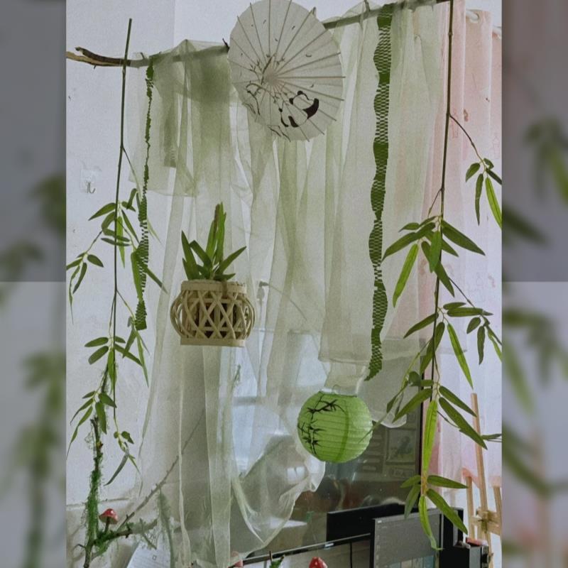 渐变绿色扎染纱幔古风春天幼儿园环创新中式场景布置浅绿流苏桌布