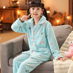 儿童睡衣法兰f绒秋款加厚男童10岁珊瑚绒套装男孩女童家居服初中