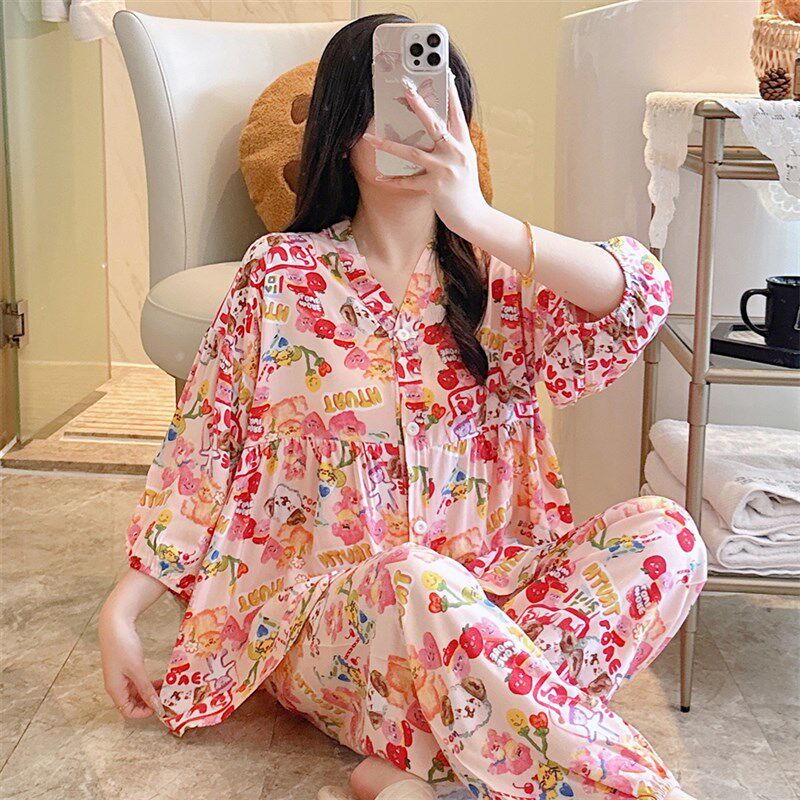 夏季棉绸睡衣女春夏季薄款七分袖C空调服新中式宽松大码家居服套