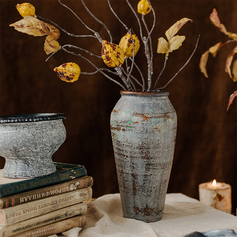 古典艺术陶d罐复古做旧粗陶花盆手工仿古陶土插花花瓶陶盆黑陶摆