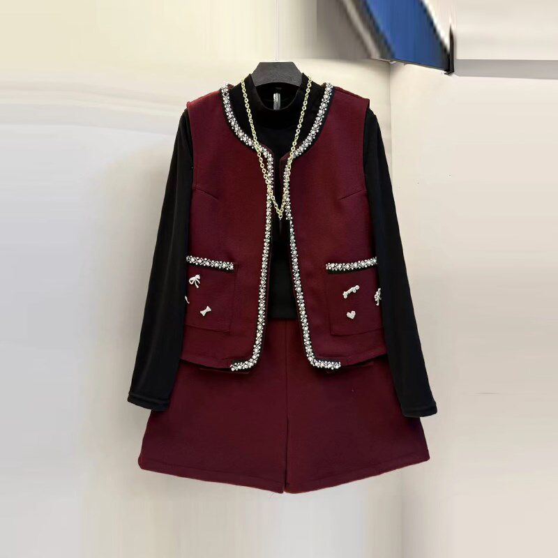 胖妹妹钉珠边g马甲半高领打底衫短裤大码女装韩版通勤风显瘦三件,女装/女士精品,大码套装,淘宝优惠券,粉丝福利购,淘宝优惠卷