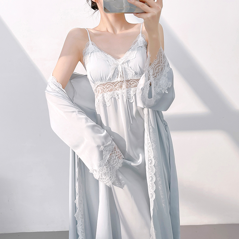 睡衣女款2025新款春夏季甜美吊带加长款睡袍女性感薄款吊带冰丝睡
