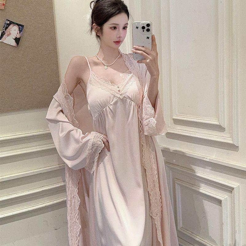 睡衣女款2025新款春夏新款睡衣性感蕾丝吊带睡裙法式长袖浴袍长裙