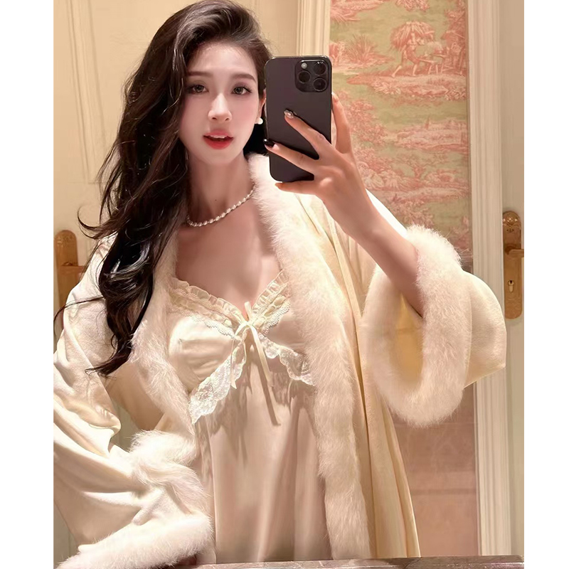 性感轻奢风海岛绒睡衣女秋冬季加厚保暖新款气质长款睡裙睡袍套装