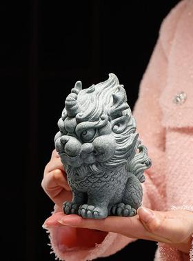 国风青砂石瑞兽麒麟摆件动物创意客厅办公室桌面鱼缸景观装饰摆设