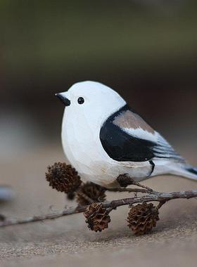 鹿妖商店 肥啾木雕小鸟 生日礼物 银喉 北长尾山雀 手工 桌面摆件
