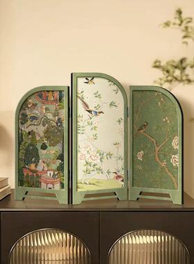 屏风摆件中古风花鸟覆古高级感客厅入户玄关柜摆台画 画电视柜装