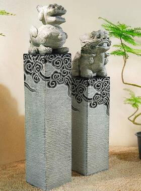 麒麟狮子貔貅门口拴马柱落地装饰摆件中式仿古庭院茶室内仿石摆设