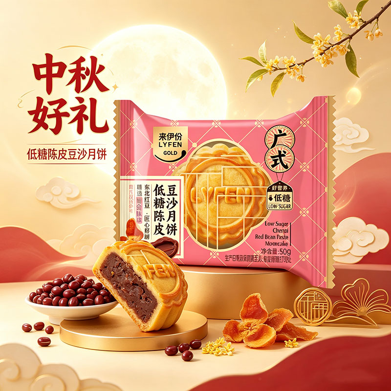 来伊份低糖陈皮豆沙月饼500g广式中秋送礼传统手工糕点下午茶点心