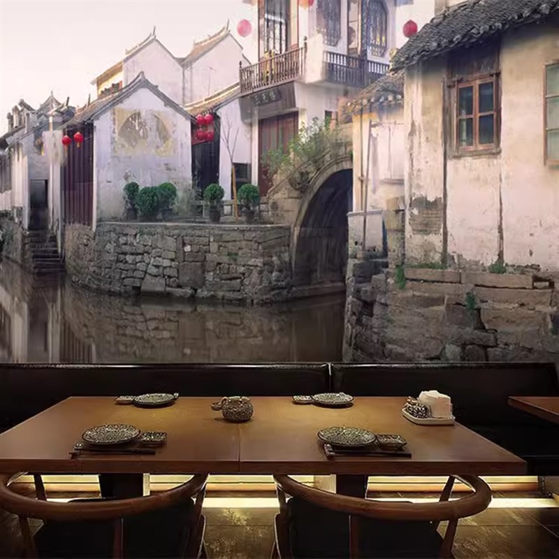 江南山水自然风景壁画 画火锅店饭厅饭店背景墙布徽派建筑壁纸背
