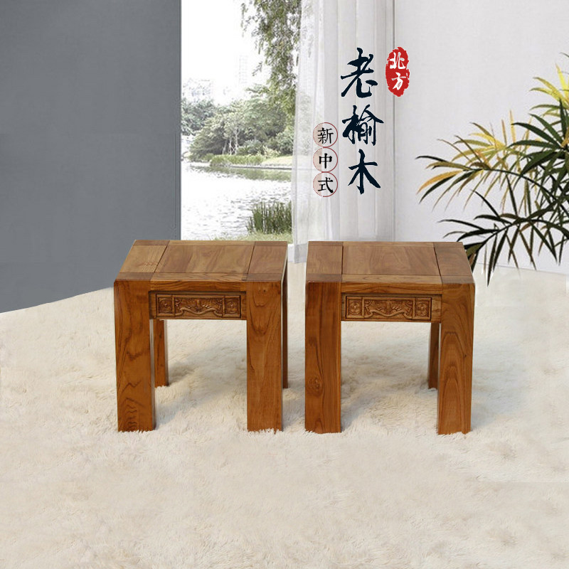 老榆木儿童矮凳子 全实木榫卯动物雕花中式原木储物凳 长方形板凳