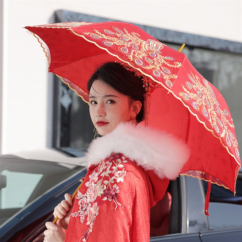 新娘结婚红伞婚庆伞蕾丝花边刺绣中式长柄雨伞复古婚庆伞全国包邮