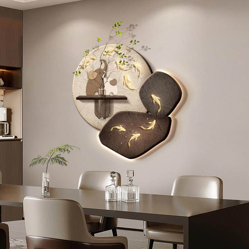 九鱼图饭厅装饰画侘寂风水培绿植餐桌墙面壁画灯石来运转客厅挂画