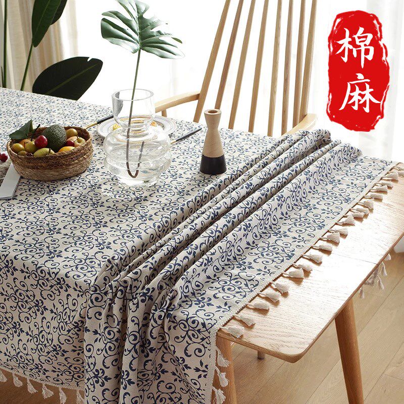 餐桌布棉麻加厚小碎花文艺复古茶几台布野餐露营青花瓷流苏高级感